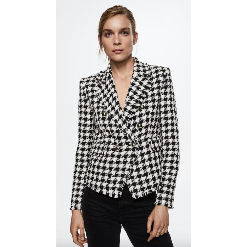 MANGO Houndstooth Wool Blend Frayed Hem Blazer Academia Black White - Size S NWT - Picture 1 of 14